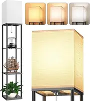 Floor Lamp, Vintage Wood Led Light Lamps Bookshelf Corner Shelf Standing Lights Display Stand Storage Organiser Home Decor for Living Room Bedroom, 3 Tier Shelves Pull-String Switch Black