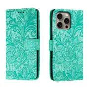 For iPhone 16 Pro Max Case, PU Leather Floral Lace Cover, Green