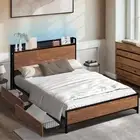 Oikiture Metal Bed Frame Queen Size with LED Headboard 4 Storage Drawers USB