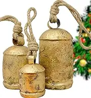 Set of 3 Large Christmas Bells Vintage Rustic Country Cowbells Decor Giant Harmony Metal Reindeer Decorative Hanging Bells for Wreath Ornaments XL Tibetan