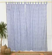 Sheer Cotton Curtains 2 Panel Set Blue Striped Light Filtering Window Drapes
