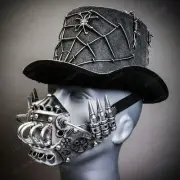 Silver Halloween Spider Web Top Hat w/ Silver Robot Mask Halloween Party Costume