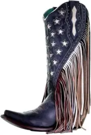 New Corral Ladies Navy Blue Lamb Stars Inlay & Studs & Fringe Boots C3749 SZ 7.5