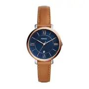 Fossil Ladies Jacqueline Blue Face Rose Gold Case Brown Leather Band Model ES4274
