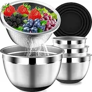 DUTZUN Mixing Bowls with Lids Set, Stainless Steel Nesting Bowls with 3.2 QT Colander, Kitchen Bowls with Strainer, Non-Slip Bottoms, Size 4, 2.5, 2, 1.5QT - Black