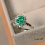 14K White Gold Finish 1.55CT Oval Cut Real Emerald Flower Halo Jewelry Ring Gift