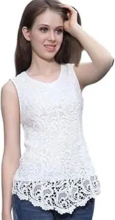 [Costume Bay] Women Semi Sexy Sheer Long Sleeves Embroidery Floral Lace Crochet Top Blouse Tee Sheer (Sleeveless - White, S)