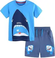 [TCWWBB] Kids Boys Summer Short Outfits Clothes Set Toddler Cool Dinosaur Digger Shark Animal Print Short Sleeve Cotton T-Shirt Tops and Shorts 2Pcs Crewneck Clothing Set Age 1-7 Years Old