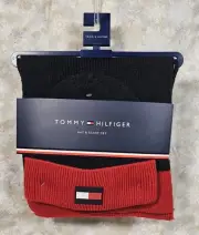 Tommy Hilfiger Beanie Hat & Scarf Set Navy Red w/Iconic Logo Acrylic SHIPS FREE!