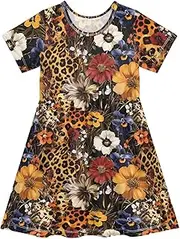 [WOIWB] Girls' Short-Sleeve Dress, Flowers Leopard Print Summer Dresses, Toddler Casual Sundress 2T, Multicolor, 5-6 Years