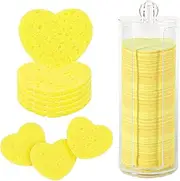 120pcs Facial Sponges, Compressed Facial Sponges with Container Heart Shape Face Sponges Sponge Pads for Face Cleaning Removing Makeup Exfoliating (Yellow)