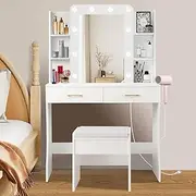 Makeup Vanity Desk with Mirror and Lights, Charging Station, 2 Drawers, Stool, White Dressing Desk with Drawers White Vanity Desk Vanity Combo Womens Vanity for Girls Vanity Mirror 3 Lighting Color