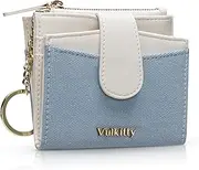 [Vulkitty] Womens Credit Card Holder Slim Minimalist Canvas & Leather Card Wallet, RFID Blocking Ladies Purses with Keychain Zipped Coin Pocket Bifold Front Pocket Wallet