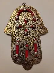 Handcrafted Handmade Moroccan Hamsa Khemissa Evil Eye Pendant, Red Stones, 8"x5"