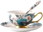 Eplze® YBK Tech Euro Style Cup& Saucer Set, Bone China Teacup Coffee Cup for Breakfast Home Kitchen- Birds and Trees Patterns (Turquoise)