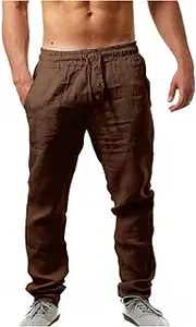 [Generic] Casual Linen Pants for Men Loose Fit Drawstring Elastic Waist Straight-Legs Pants Baggy Beach Yoga Breathable Long Pants