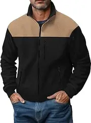[HongYunAu] Men's Fashion Color Block Fleece Jacket Multi Pocket Zipper Design Casual Stand Collar Jacket
