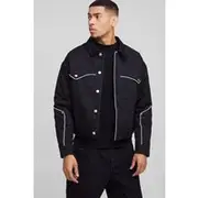 Mens Black Boxy Nylon Contrast Piping Western Trucker Jacket
