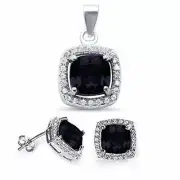 3.50ct Cushion Black Onyx & CZ Halo .925 Sterling Silver Pendant & Earring Set