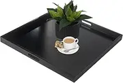 24" Square Large Ottoman Tray, Wood Serving Tray with Handle, Modern Extra Large Black Decorative Trays for Living Room Coffee Table Home