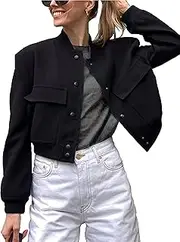 [Lumister] Women's Fashion Cropped Button Down Lightweight Cropped Bomber Jacket Varsity Shacket with Side Pockets