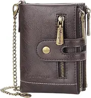 [aolaso] Men Chain Wallet PU Faux Leather Bifold Wallet for Men Double Zipper Coin Pocket Purse Double Anti-Theft-Coffee