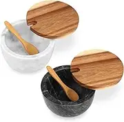 HESHIBI 2 Sets Marble Salt Cellar Box with Wood Lid & Spoon, Modern White and Black Stone Salt or Pepper Sugar Spice Seasoning Bowl Container Jar Holder Well Keeper Dish Pig Crock for Kitchen