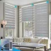 DENFOON Motorized Zebra Blinds, Solar Powered Dual Layer Automatic Shades with Remote Control, Rechargeable Smart Blinds Horizontal Wireless Electric Shades for Windows, Custom Size, Gray， 35 x 72