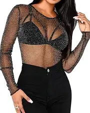 [BelleLovin] Women's Sheer Mesh Tops Long Sleeve Glitter Sexy Tops See Through Blouses