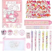 Mel-dy Stationery Set, Kawaii School Supplies with Pens Stickers Pencil Case Notebook Badge, Kawaii Stationery Back to School Gift for Kids Students Office Supplies (Pink 1)