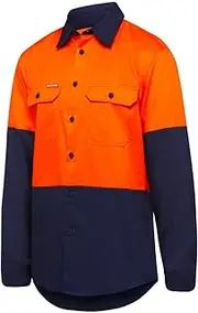 [Hard Yakka] Men's Long Sleeve 2 Tone Vented Shirt, Orange/Navy, Large