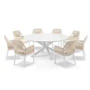 Houston Outdoor 1.8m Round Aluminium Dining Setting with 8 Hugo Chairs White - Cream Rope - Cream