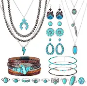 [Yaomiao] Western Jewelry for Women Bohemian Turquoise Jewelry Set Turquoise Pendant Necklace Earrings Pearl Necklace Beaded Choker Faux Leather Cuff Bracelet Western Knuckle Rings