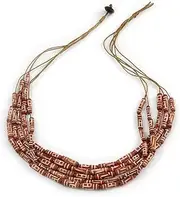 [Avalaya] Multistrand Brown Wood Beaded Necklace, Olive Cotton Cord - 70cm L, One Size, Wood