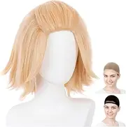 CaseEden Tokyo Revengers Cosplay Wig, Toji Manjiro Sano, Mikey, All Back, Blonde, Light Gold, White Merce Wig Net, Set of 2