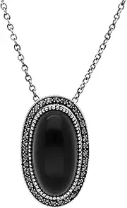 [Ivy Gems] Sterling Silver Marcasite with Oval 24x12 mm Black Onyx Art Deco Statement Necklace for Women