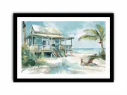 Beach House Watercolor Canvas Painting