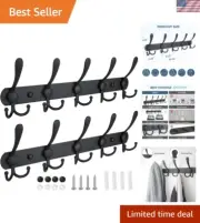 Stainless Steel Wall Coat Rack with 5 Hooks in Matte Black (2-Pack)