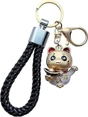 OWIEN Japanese Style Fortune Lucky Cat Keychain, Cute Kitten Keyring Metal Car Key Fob with Detachable D-Ring for Women Men