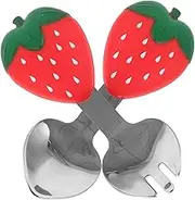 ERINGOGO Silicone Stainless Steel Strawberry Toddler Spoon Fork Set Safe and Ergonomic Cutlery for Boys and Girls