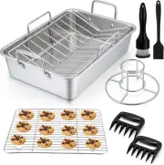 Roasting Pan Set (8 PCS), 14 Inch Stainless Steel Turkey Roaster Pan, Flat & V-S
