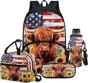 [Chririnla] Highland Cow Backpack Boy Girl School Backpacks 4Pcs American Flag Sunflower Highland Cow Schoolbag Sets With Lunch Bag Pen Case Water Bottle Carrier Case 10-12 Kids,Back to School Supplies