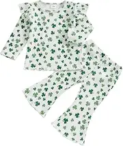 [Sasaerucure] Toddler Infant Baby Girl St. Patrick’s Day Outfit Clover Ruffled Long Sleeve Shirt Flared Pants Set Irish Clothes