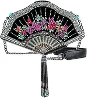 [MARY FRANCES] Coquette Beaded Handbag Fan-Shaped Floral Tassel Crossbody Bag, Pewter, Pewter, Free Size