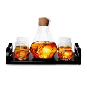 Whiskey Diamond Decanter & 4 Diamond Glasses - Mahogany Wooden Base Tray - Gift