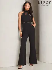 Lipsy Black Petite Lace Insert Halter Tailored Jumpsuit (AE0142) | $105