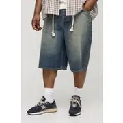 Mens Stonewash Plus Relaxed Fit Chunky Rope Belted Stone Wash Jorts