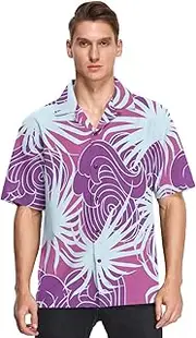 [GuoChe] Hawaiian Men Button Up Shirts Short Sleeve Valentine's Day Blue Violet Palms Waves Printed Camisas Manga Corta para
