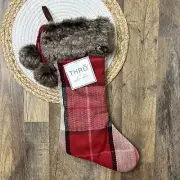 Thro Marlo Lorenz Christmas Stocking Red Plaid w Faux Fur Trim NEW w TAGS