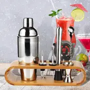 Stainless Steel 9-pc Bartending Cocktail Tool Set and Shaker with Bamboo Base